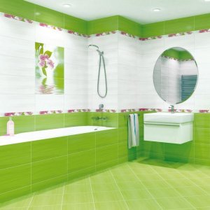 Зеленый кафель в ванной комнате